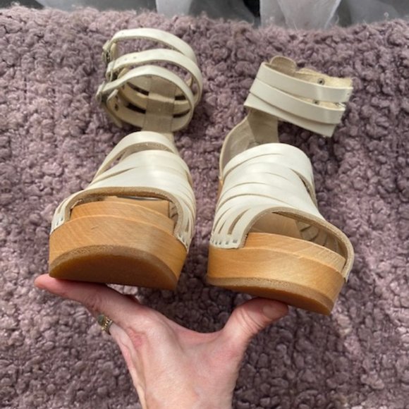 SWEDISH HASBEENS H&M WHITE LEATHER WOOD PLATFORMS - Picture 4 of 12